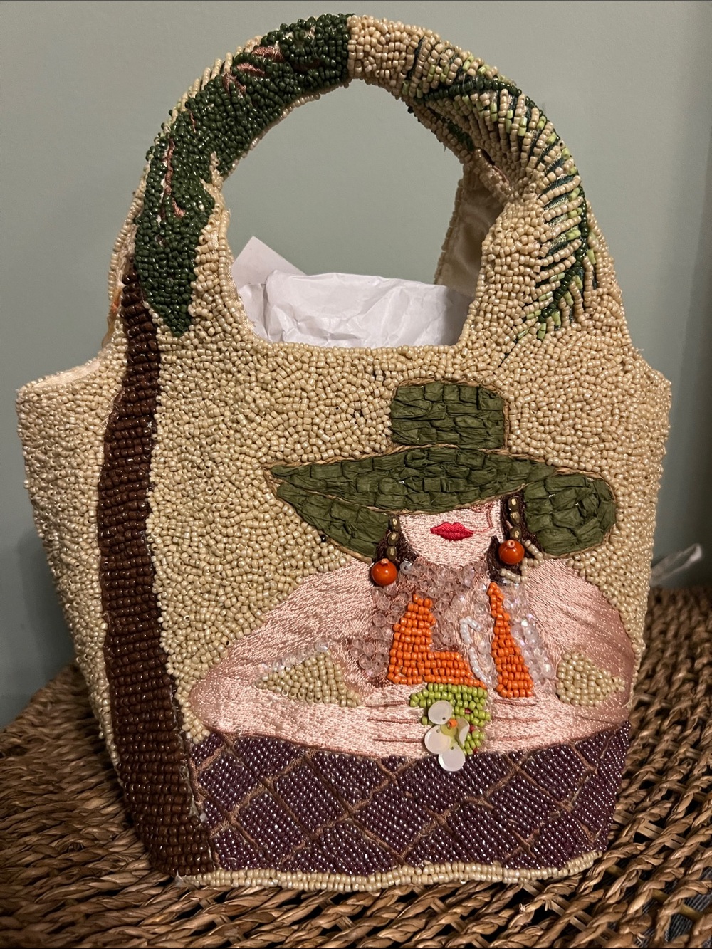 Beaded Tote Bag with Green Hat Motif - Cream & Green